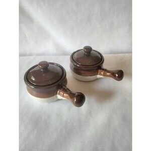 2 Onion Soup Handled Crock Bowls with Lids Brown & Beige Taiwan
